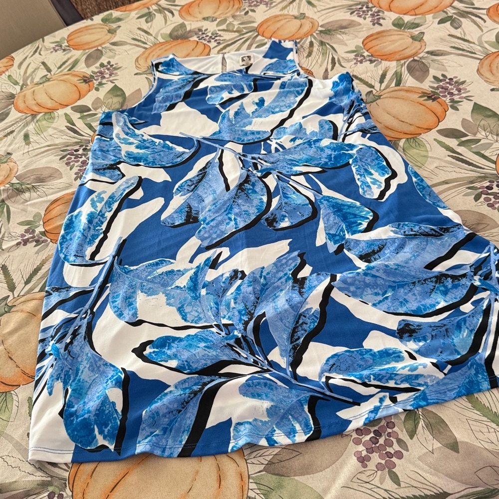 Blue and White Leaf Print Dress
